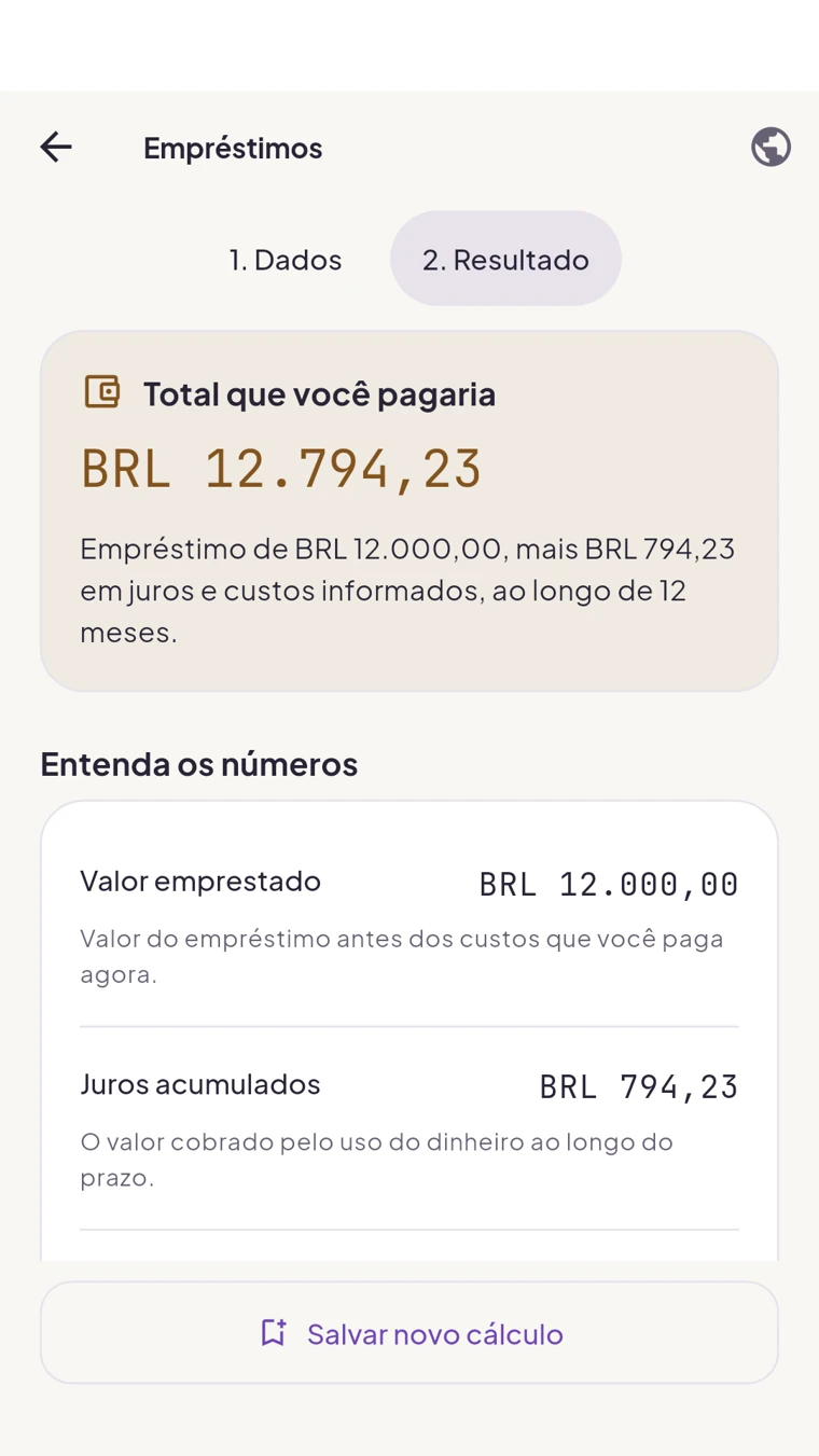 Tela real de simulação de empréstimo do Vértz Calculadoras, sem anúncios