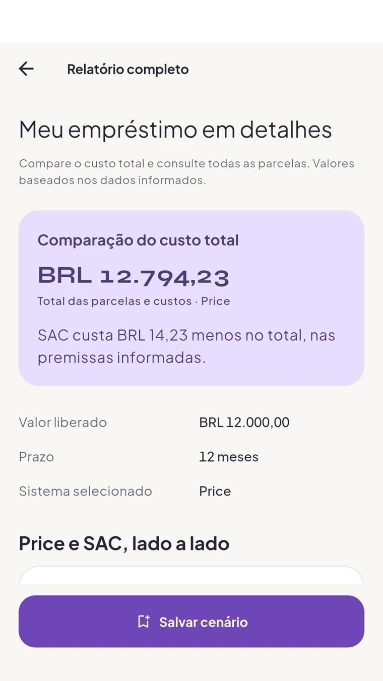 Tela real do relatório detalhado do Vértz Calculadoras, sem anúncios